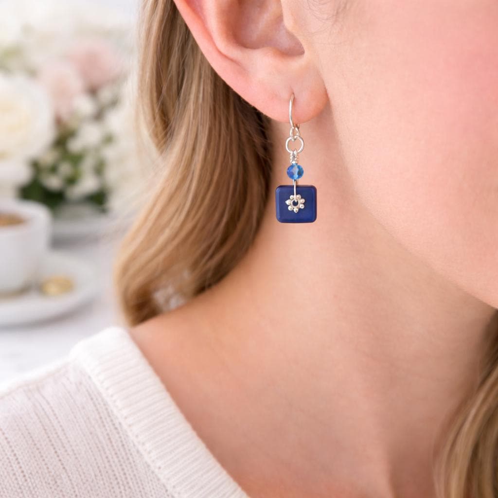 Birthday Gift for Her Blue Earrings Minimalist Sterling Silver Dangle Jewelry