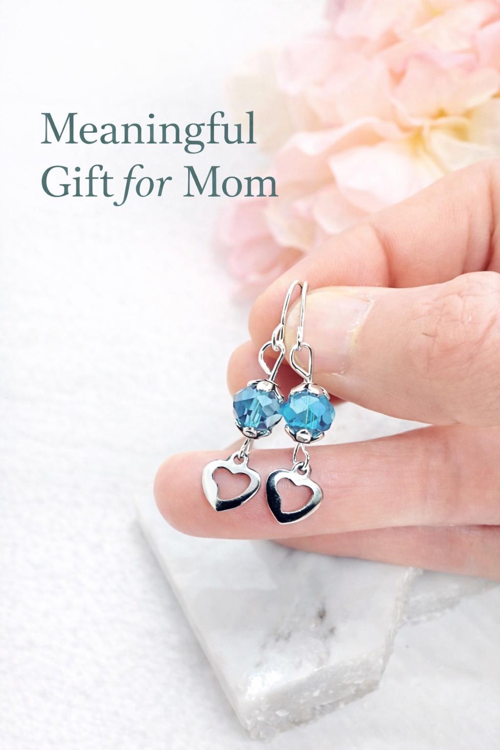 Meaningful Gift for Mom Blue Earrings, Mother’s Day Jewelry, Heart Dangle Earrings, Gift for Mom from Daughter, Dainty Silver Earrings