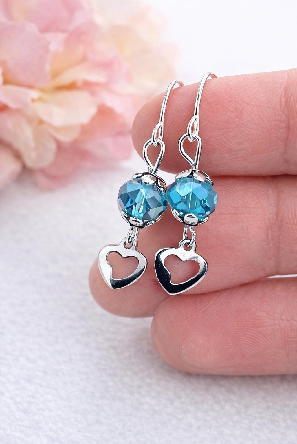 Meaningful Gift for Mom Blue Earrings, Mother’s Day Jewelry, Heart Dangle Earrings, Gift for Mom from Daughter, Dainty Silver Earrings