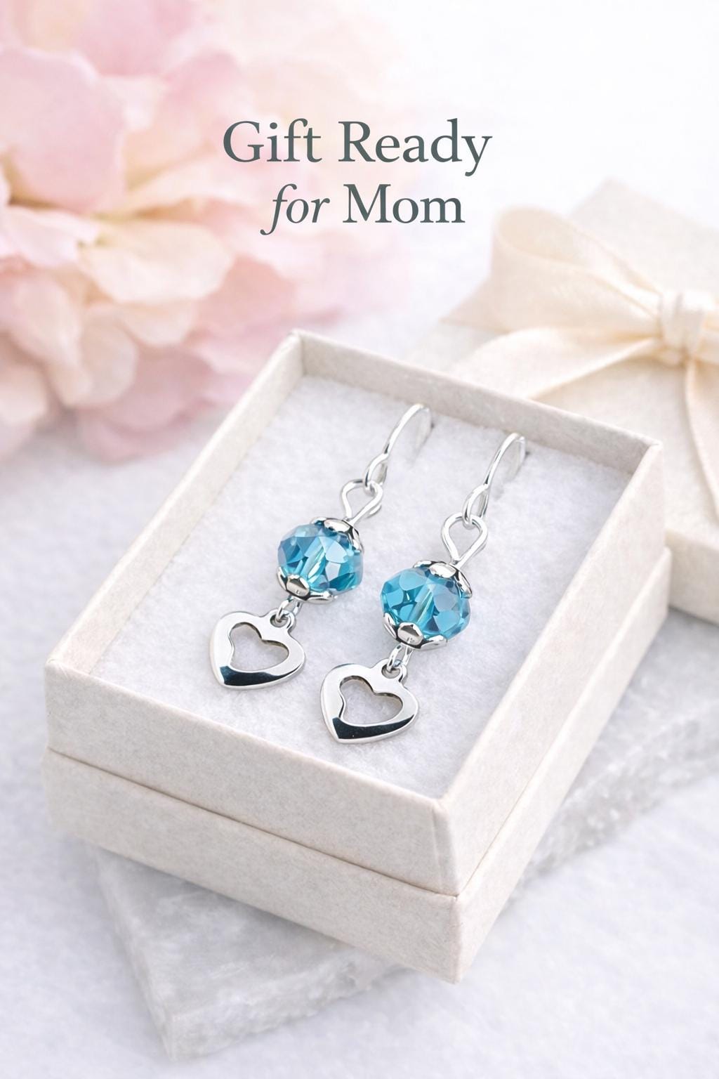Meaningful Gift for Mom Blue Earrings, Mother’s Day Jewelry, Heart Dangle Earrings, Gift for Mom from Daughter, Dainty Silver Earrings