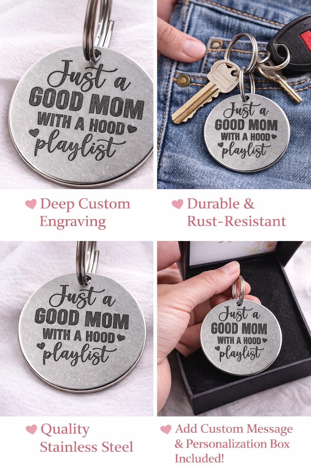 Funny Mother’s Day Keychain for Mom, Gift for Mom from Kids Husband, Just a Good Mom with a Hood Playlist, Mom Gift Idea