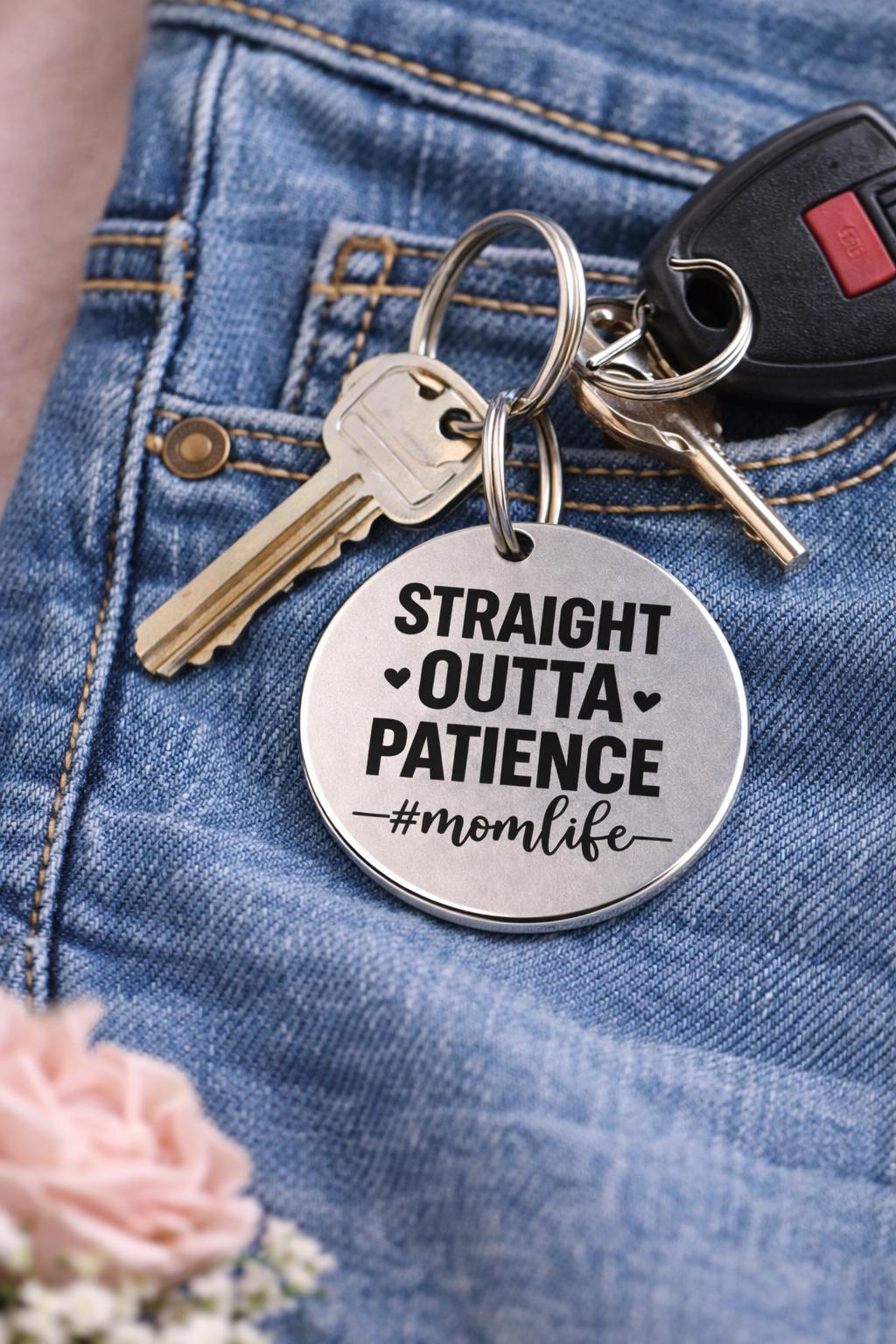 Straight Outta Patience Keychain, Mom Life Gift, Sarcastic Mom Keyring, Funny Parenting Gift, Relatable Mom Humor Present