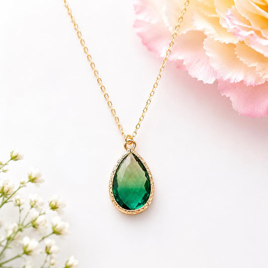 Emerald Green Necklace, May Birthstone Gift for Her, Teardrop Pendant Necklace, Bridesmaid Jewelry, Gift for Wife, Green Crystal Necklace