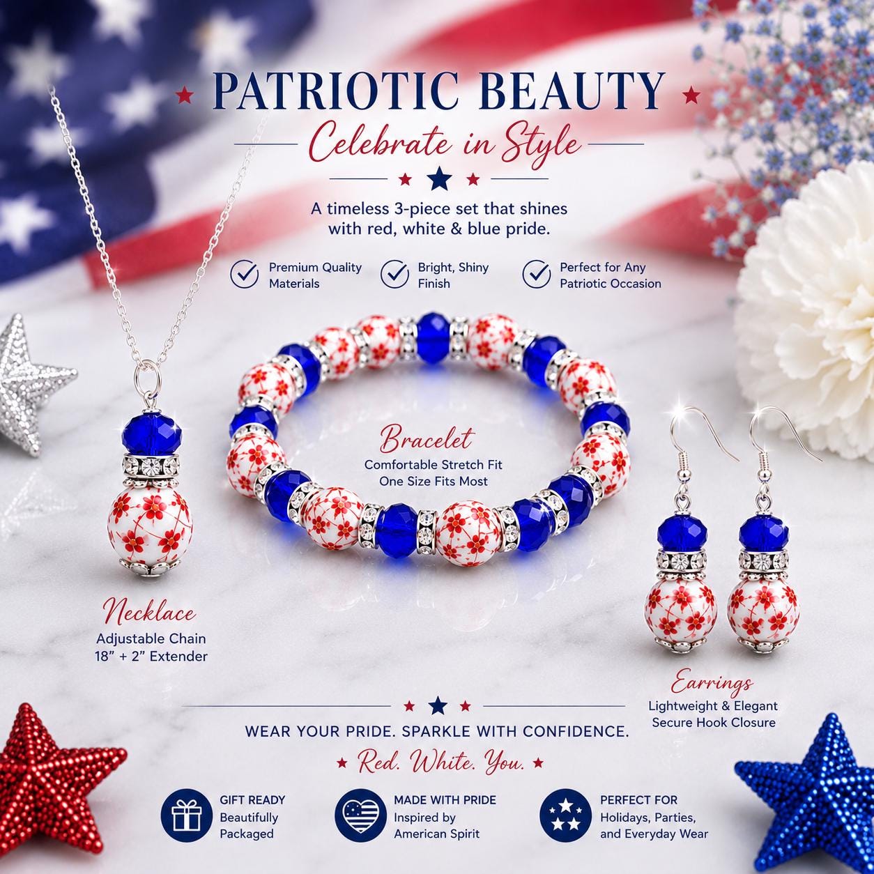 Patriotic Earrings, Red White Blue Earrings, 4th of July Earrings, Memorial Day Jewelry, Patriotic Gift for Her, USA Earrings