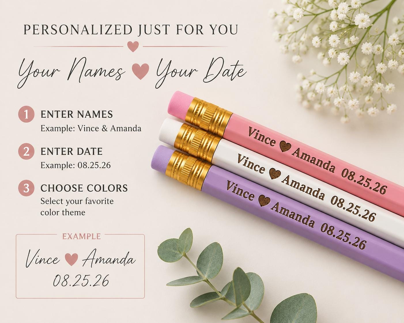 Personalized Wedding Pencils, Custom Couple Name Pencils, Engagement Gift, Bridal Shower Gift, Wedding Favor, Personalized Pencils