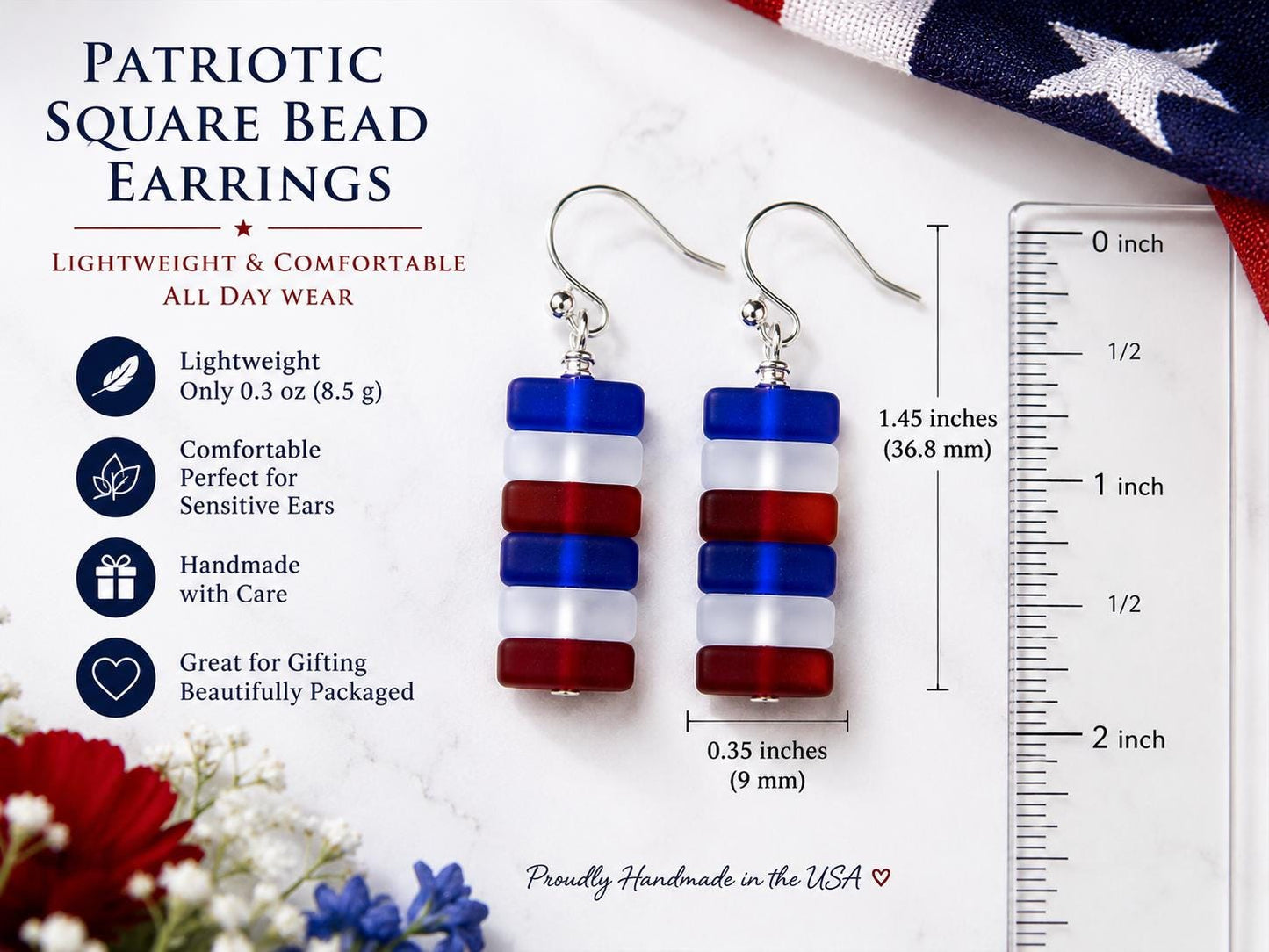 Patriotic Earrings, Red White Blue Earrings, 4th of July Earrings, USA Earrings, Memorial Day Jewelry, Patriotic Gift for Her