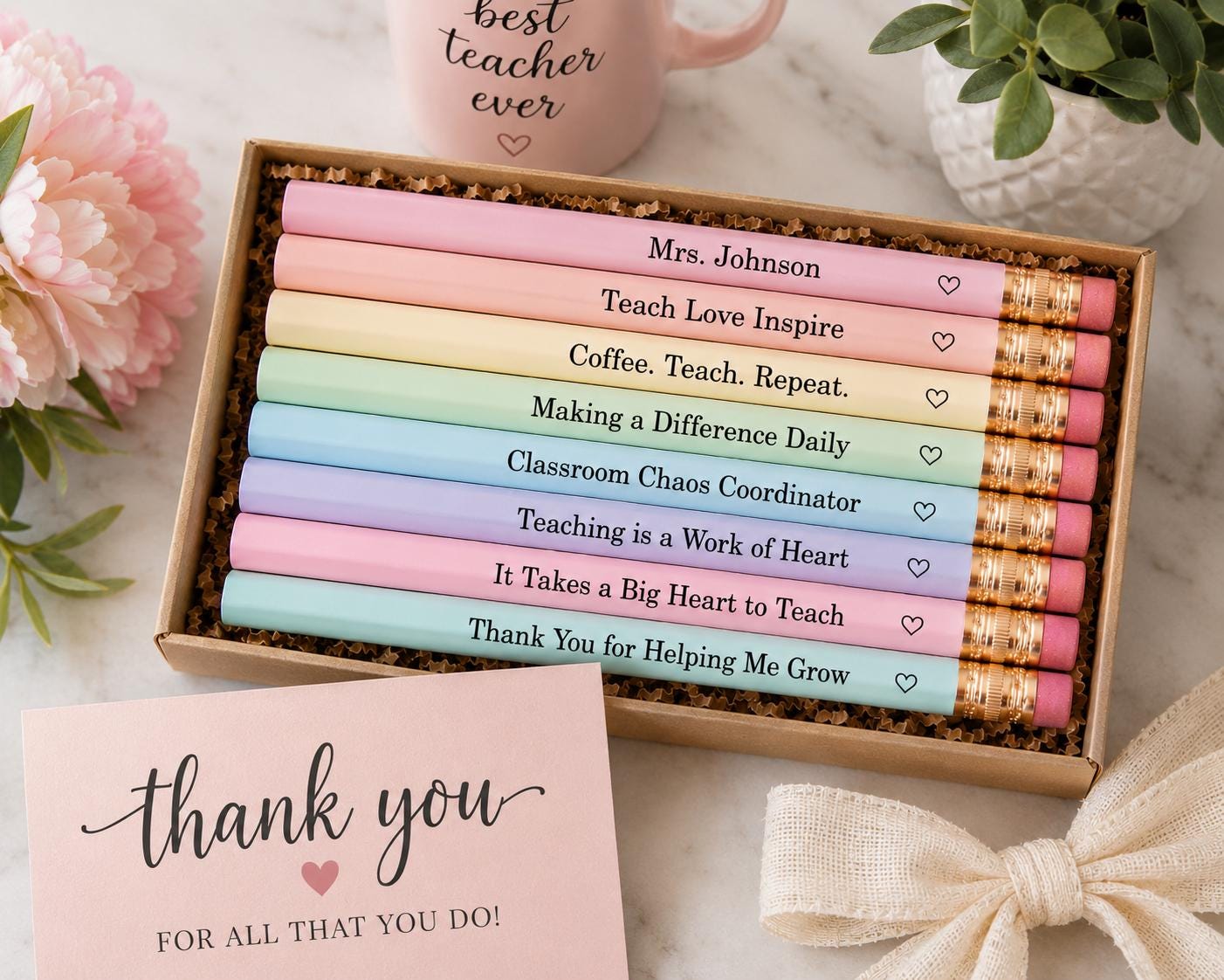 Teacher Appreciation Gift Pencils, Engraved Teacher Pencil Set, Best Teacher Ever Gift, Teacher Thank You Gift, End of Year Teacher Gift