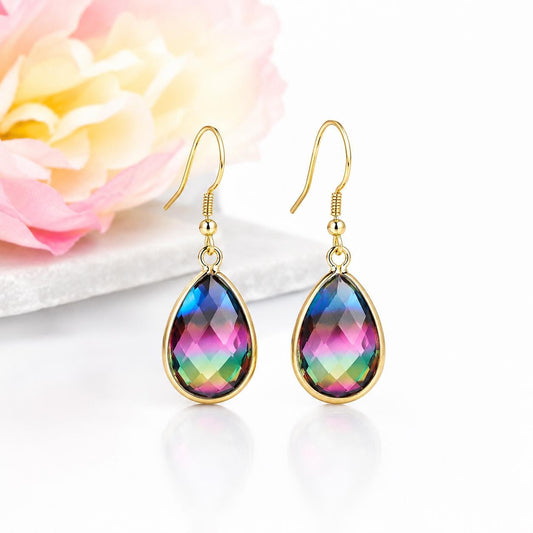 Rainbow Teardrop Earrings, Colorful Crystal Dangle Earrings, Gift for Her, Iridescent Rainbow Jewelry, Gold Teardrop Earrings, Birthday Gift