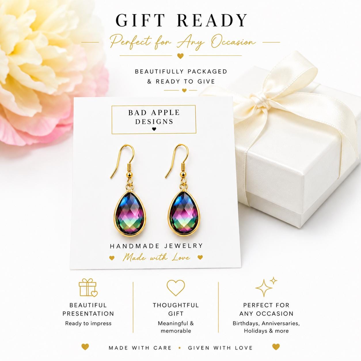 Rainbow Teardrop Earrings, Colorful Crystal Dangle Earrings, Gift for Her, Iridescent Rainbow Jewelry, Gold Teardrop Earrings, Birthday Gift