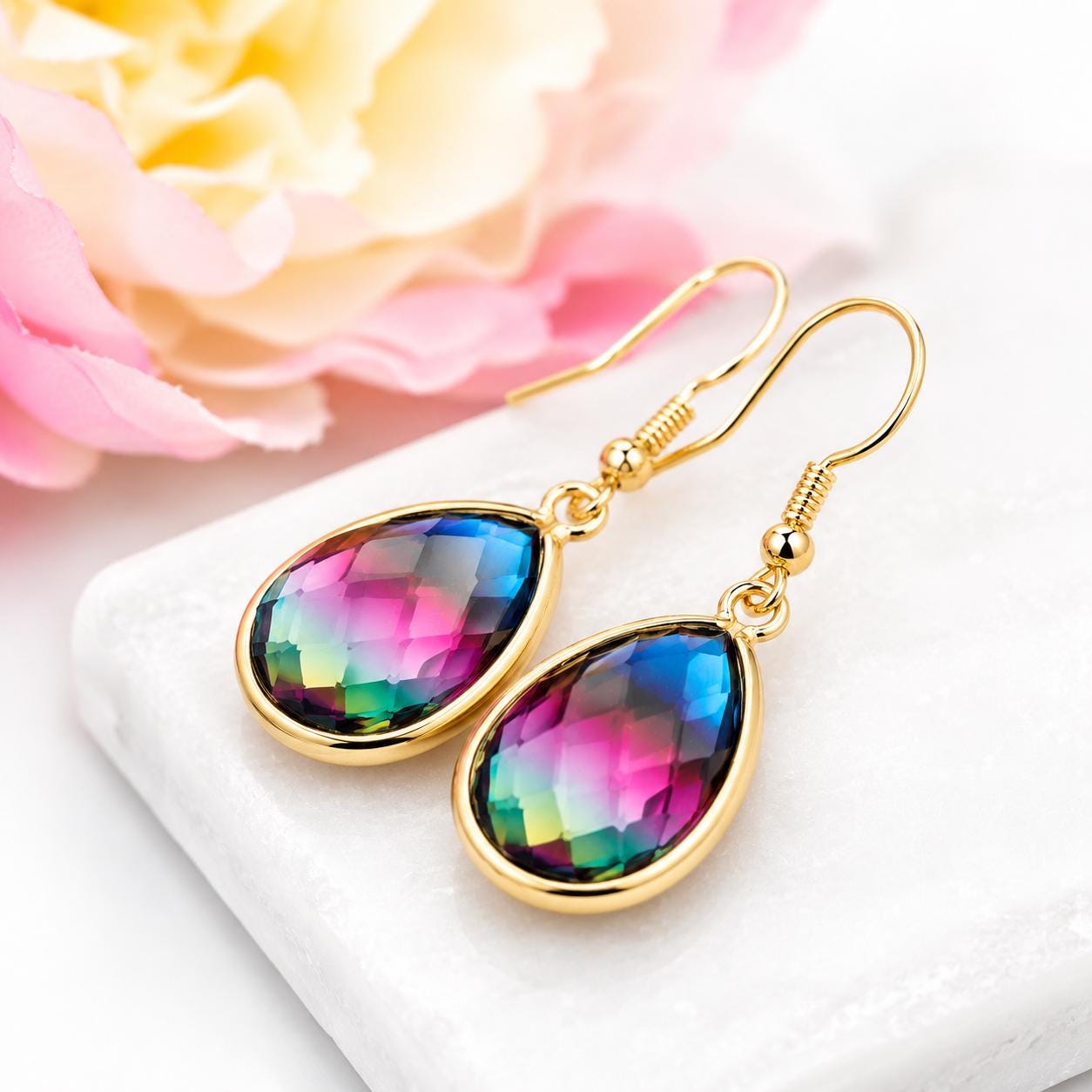 Rainbow Teardrop Earrings, Colorful Crystal Dangle Earrings, Gift for Her, Iridescent Rainbow Jewelry, Gold Teardrop Earrings, Birthday Gift