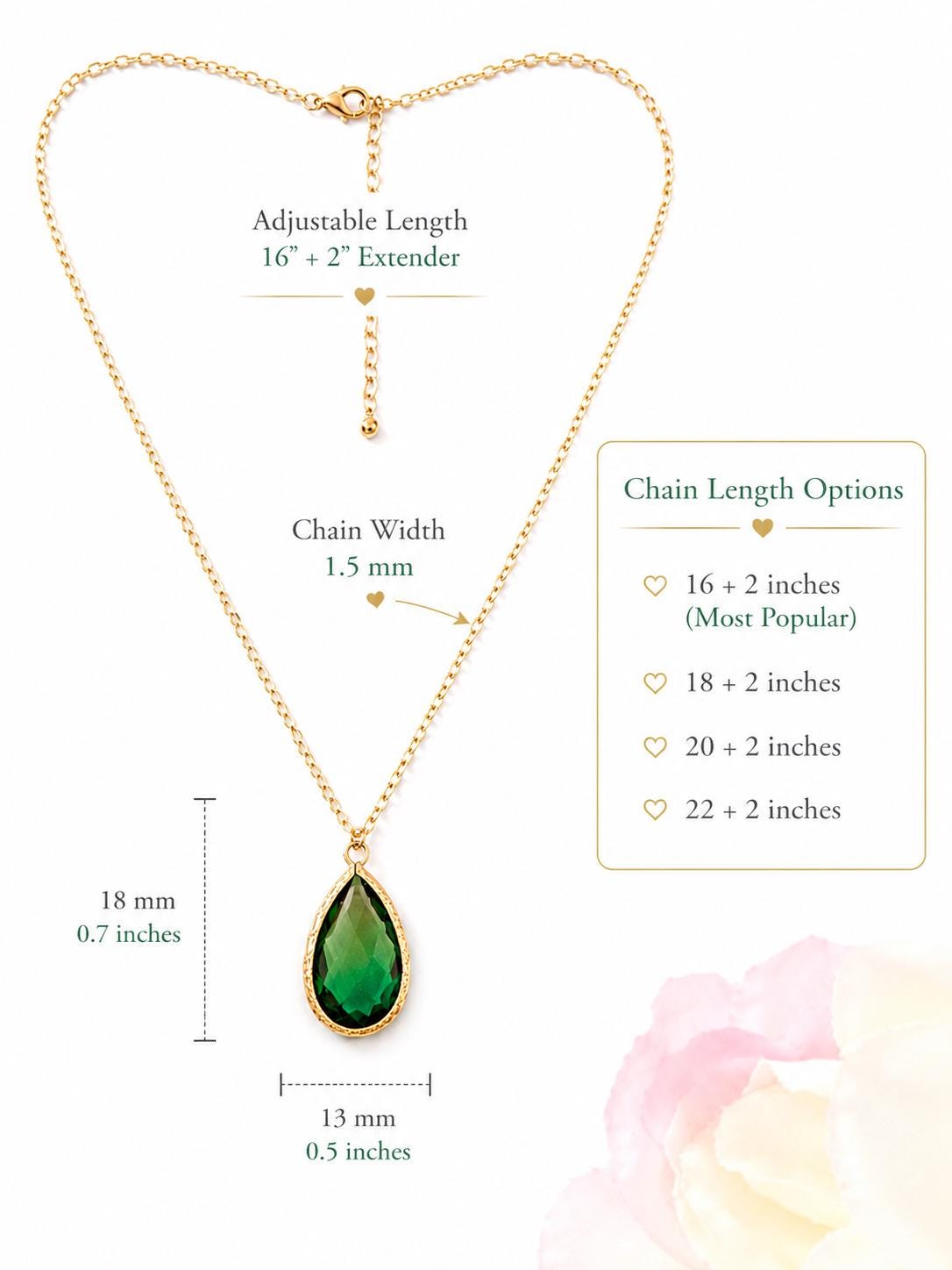 Emerald Green Necklace, May Birthstone Gift for Her, Teardrop Pendant Necklace, Bridesmaid Jewelry, Gift for Wife, Green Crystal Necklace