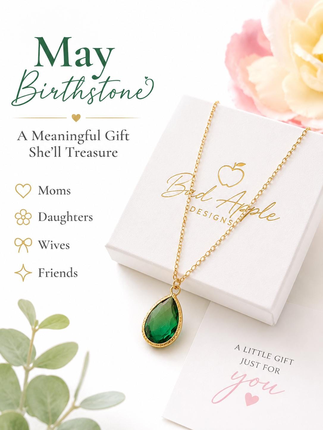 Emerald Green Necklace, May Birthstone Gift for Her, Teardrop Pendant Necklace, Bridesmaid Jewelry, Gift for Wife, Green Crystal Necklace