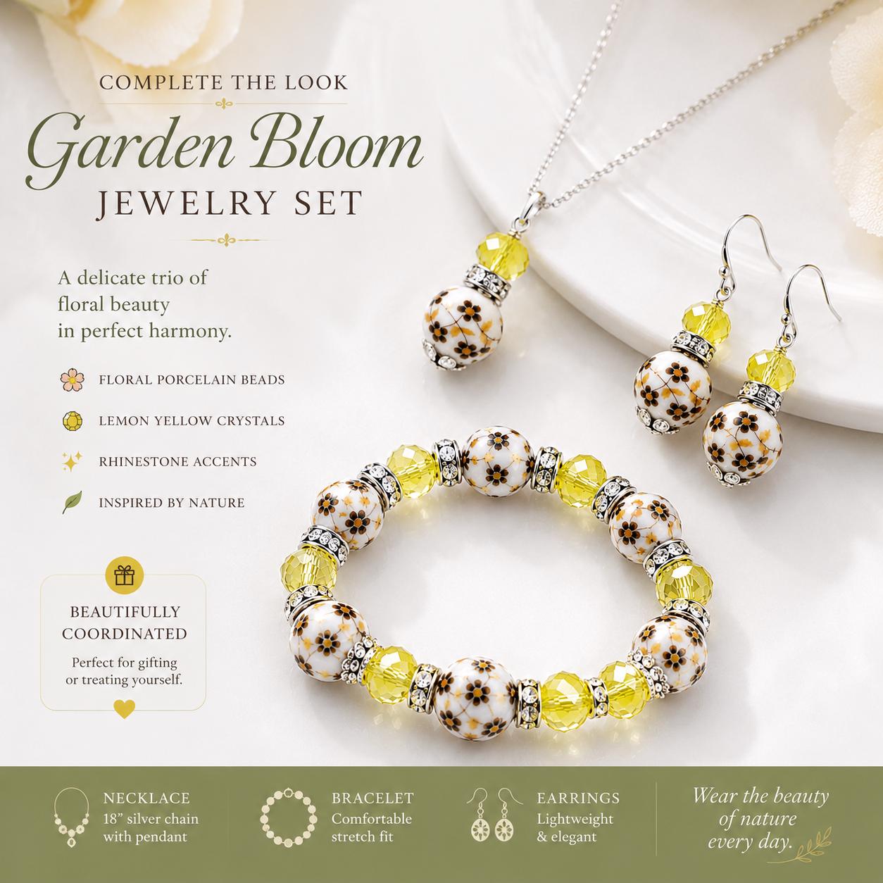 Floral Jewelry Set, Gift for Mom, Matching Necklace Earrings Bracelet Set, Garden Inspired Jewelry, Birthday Gift for Her, Floral Gift