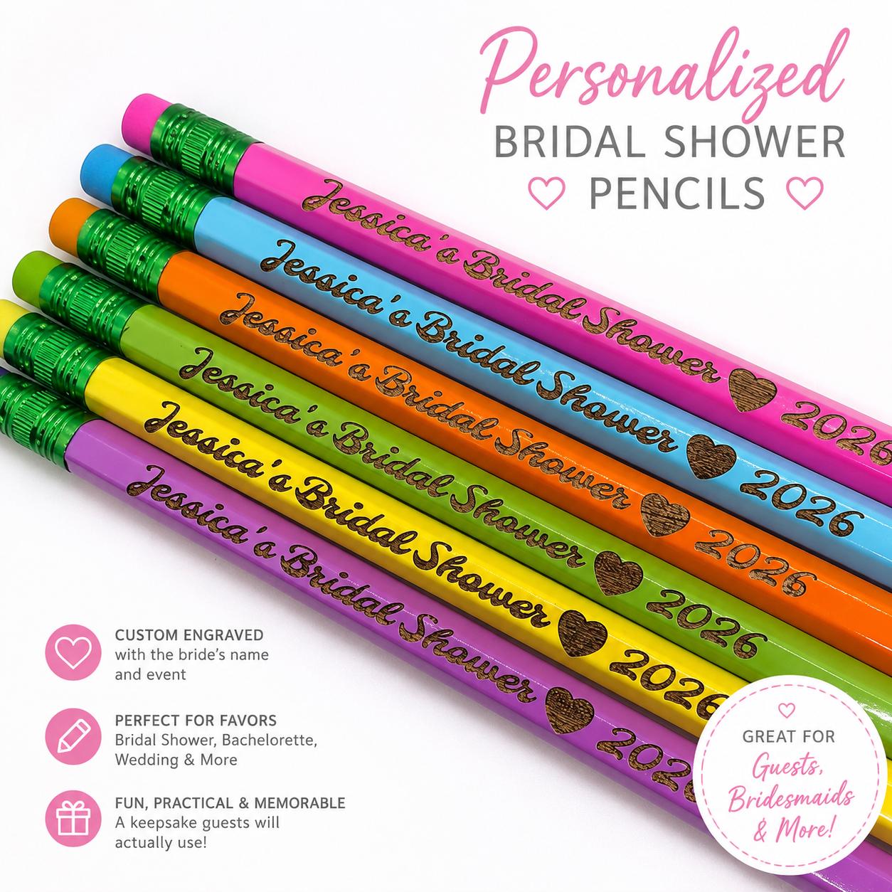 Personalized Bridal Shower Pencils, Custom Bridal Shower Favors, Bachelorette Party Favors, Wedding Shower Gifts, Personalized Pencils
