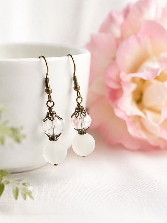 White Crystal Earrings, Antique Brass Earrings, Frosted Glass Earrings, Bridal Earrings, Gift for Her, Cottagecore Jewelry, Dangle Earrings