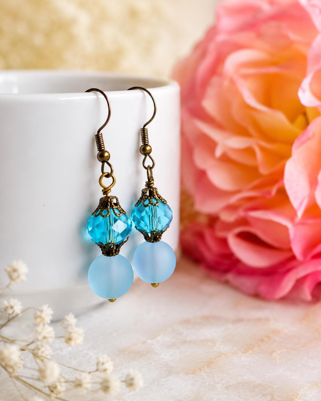 Aqua Crystal Earrings, Gift for Her, Something Blue Earrings, Bridesmaid Earrings, Antique Brass Earrings, Birthday Gift Woman
