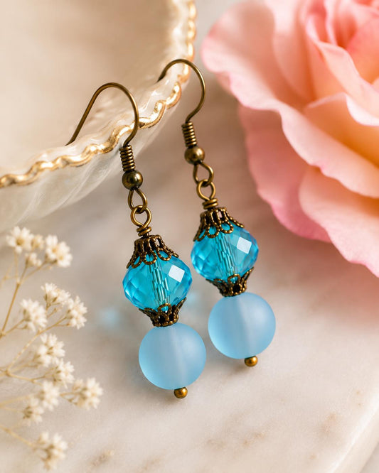 Aqua Crystal Earrings, Gift for Her, Something Blue Earrings, Bridesmaid Earrings, Antique Brass Earrings, Birthday Gift Woman