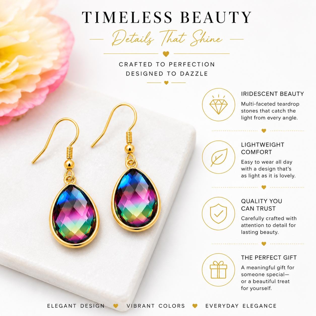 Rainbow Teardrop Earrings, Colorful Crystal Dangle Earrings, Gift for Her, Iridescent Rainbow Jewelry, Gold Teardrop Earrings, Birthday Gift