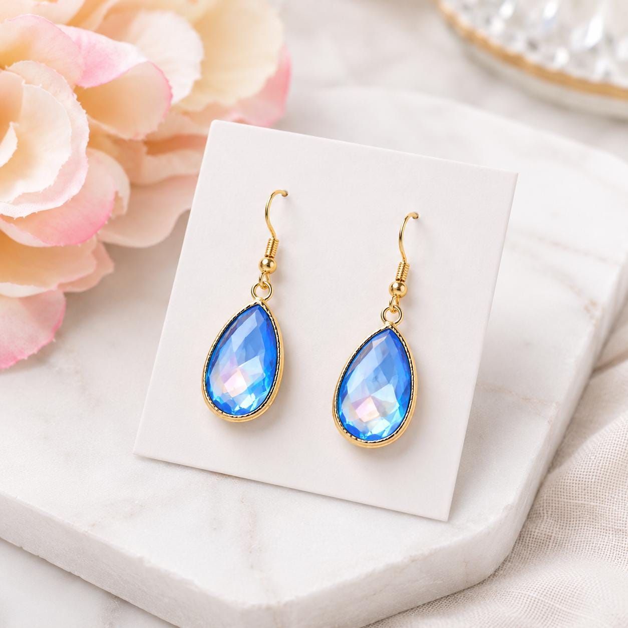 Rainbow Blue Teardrop Earrings, Something Blue Bridal Earrings, Blue Crystal Dangle Earrings, Bridesmaid Gift, Gold Earrings, Gift for Her