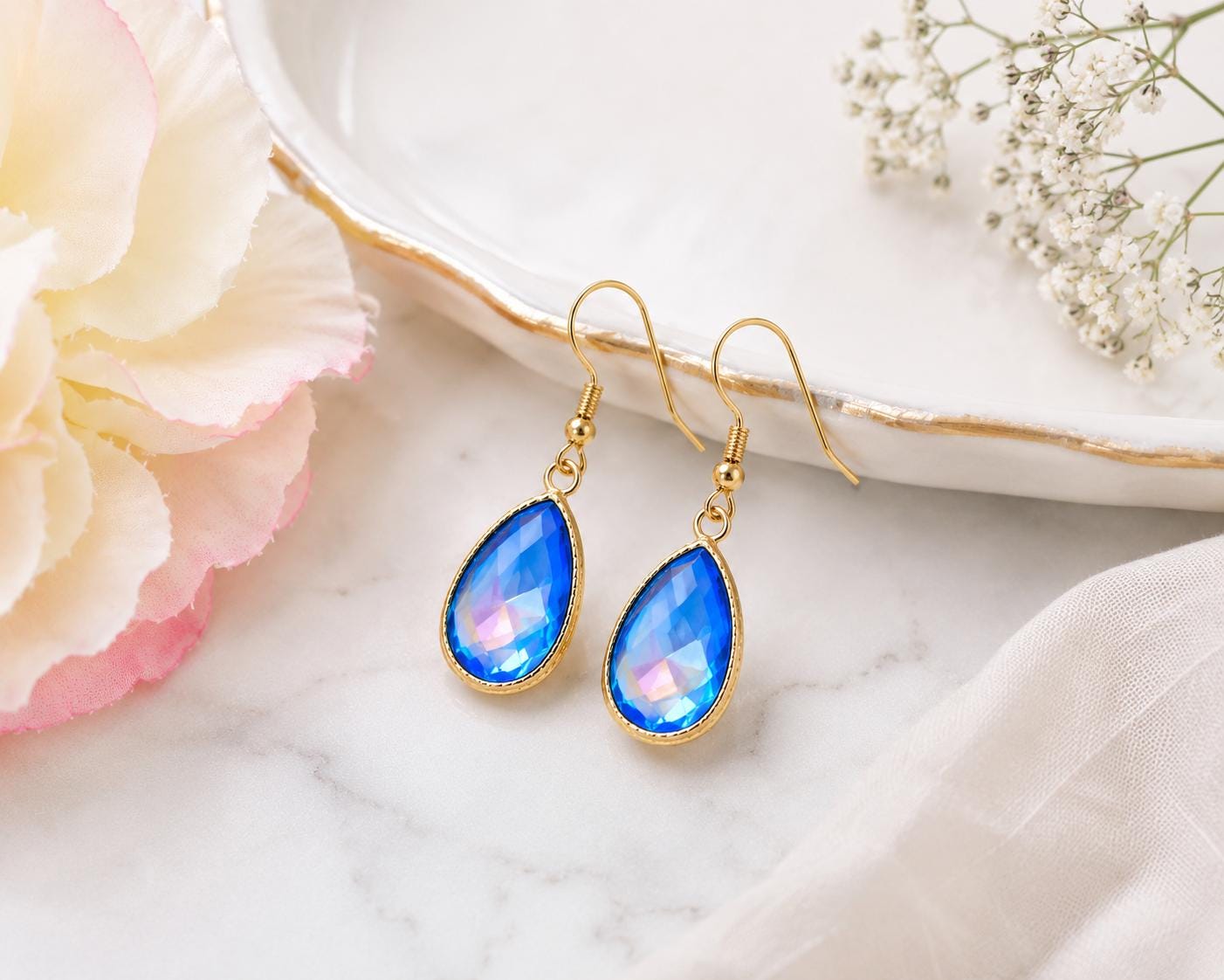 Rainbow Blue Teardrop Earrings, Something Blue Bridal Earrings, Blue Crystal Dangle Earrings, Bridesmaid Gift, Gold Earrings, Gift for Her