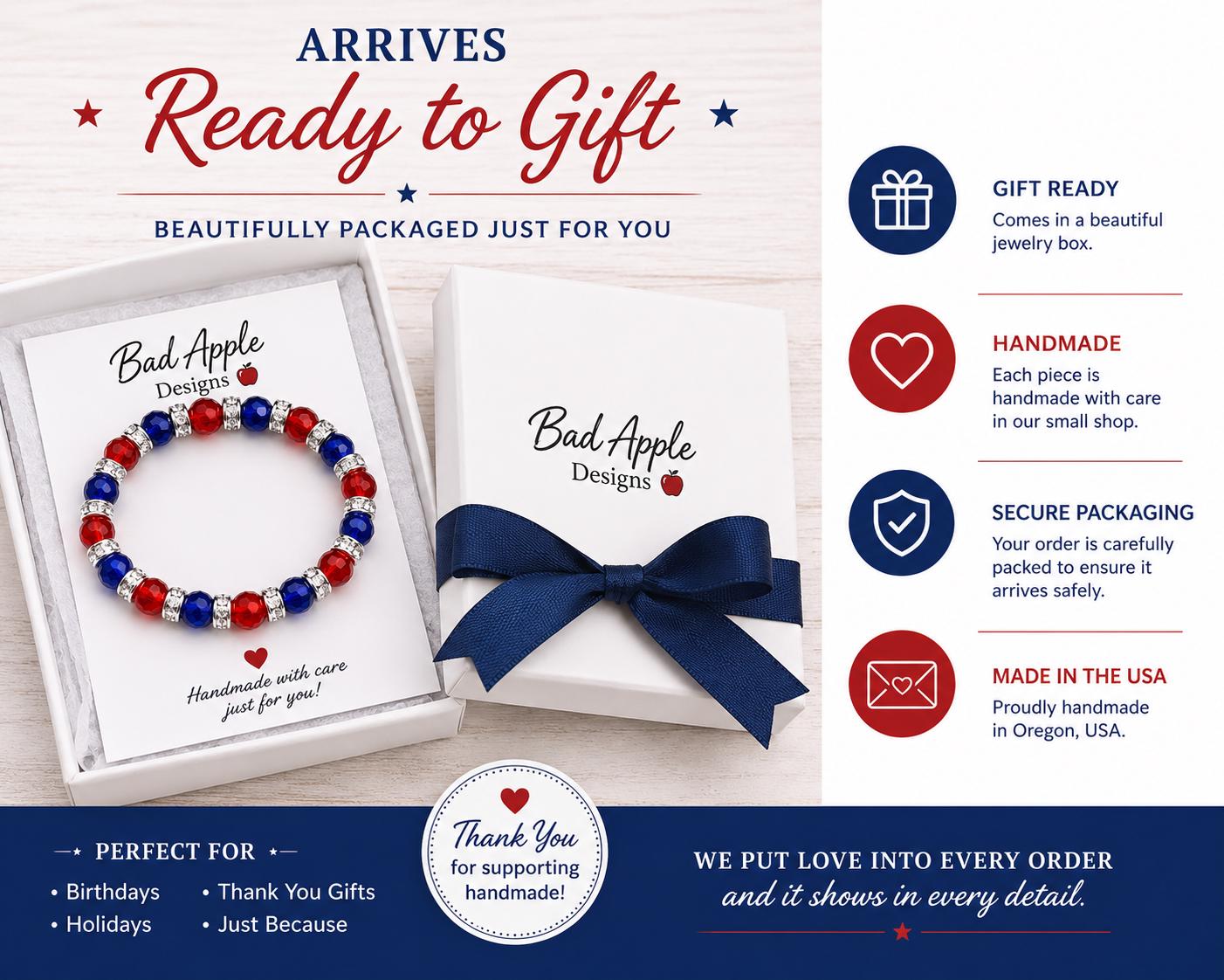 America 250 Bracelet, Patriotic Red White Blue Bracelet, 250th Anniversary Jewelry, Independence Day Bracelet, Fourth of July Jewelry, USA