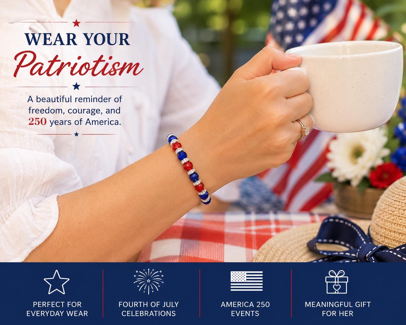 America 250 Jewelry for Women, Patriotic Bracelet, 250th Anniversary Gift, Red White Blue Jewelry, Independence Day Bracelet