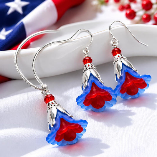 Patriotic Red White Blue Jewelry Set, 4th of July Necklace and Earrings Set, Americana Flower Jewelry, Independence Day Accessories, USA