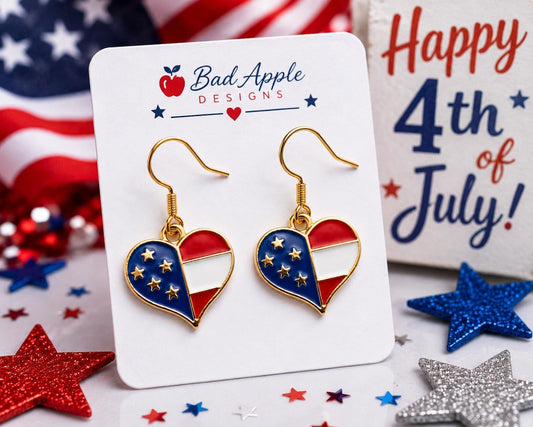 Patriotic Heart Earrings, American Flag Heart Jewelry, Red White Blue Earrings, Americana Gift for Women, USA Pride Accessories