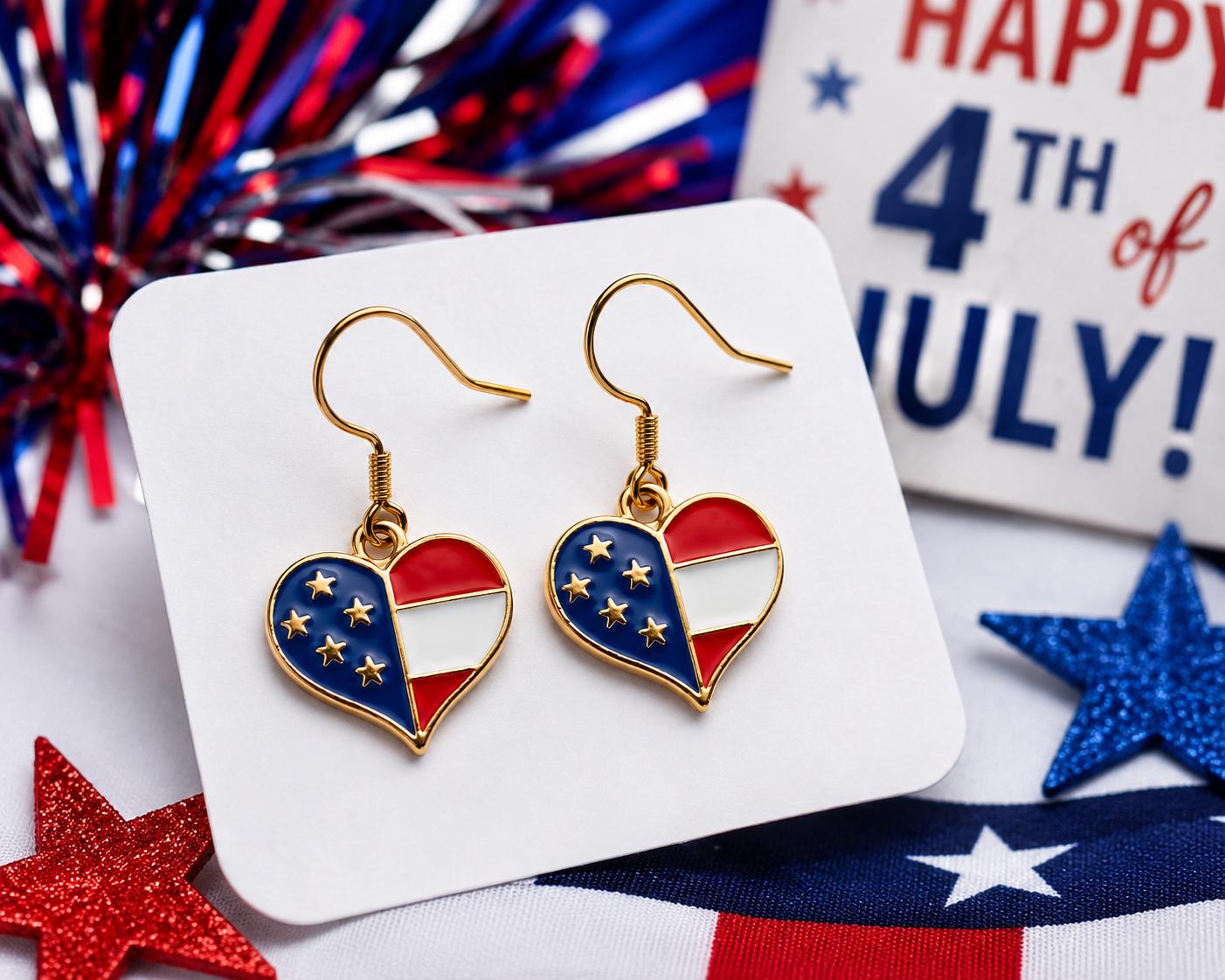 Patriotic Heart Earrings, American Flag Heart Jewelry, Red White Blue Earrings, Americana Gift for Women, USA Pride Accessories