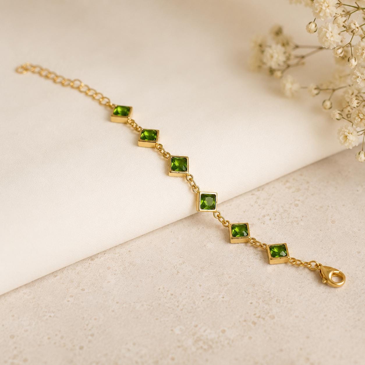 Green Crystal Gold Bracelet, August Birthstone Bracelet, Emerald Green Jewelry, Adjustable Gold Bracelet, Gift for Her, Dainty Bracelet