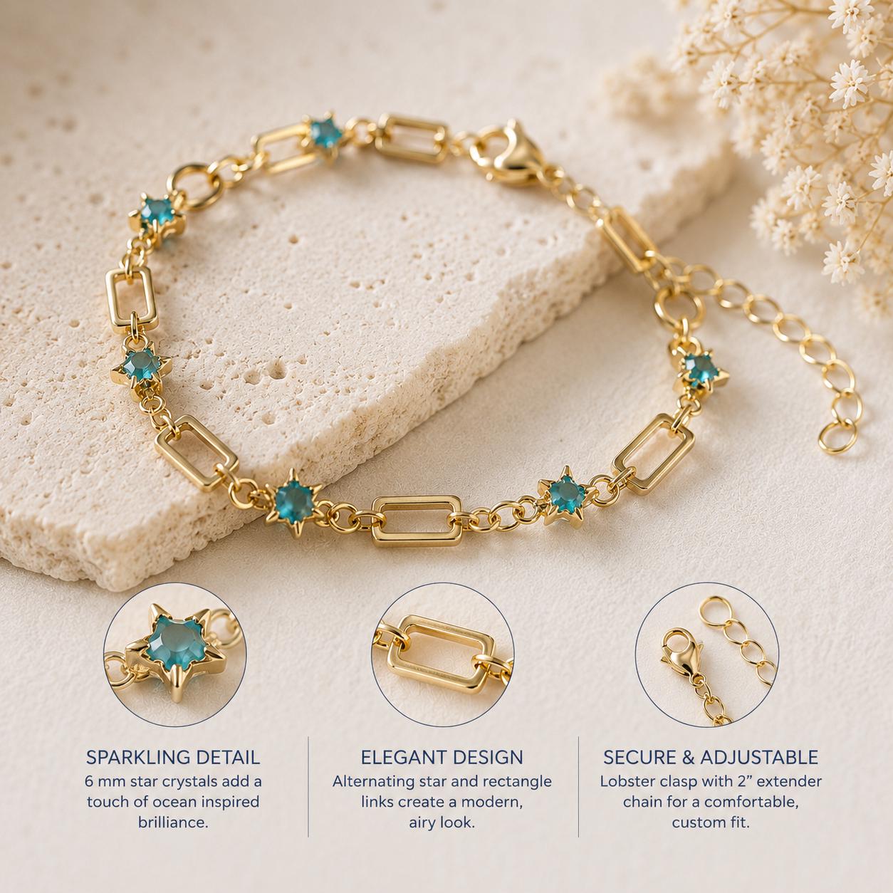 Aqua Star Gold Bracelet, Coastal Chain Bracelet, Celestial Jewelry, Beach Lover Gift, Dainty Gold Link Bracelet, Bridesmaid Gift