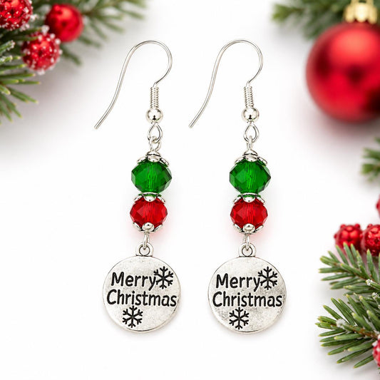 Christmas Earrings and Necklace Set | Merry Christmas Jewelry | Holiday Gift for Her | Red Green Crystal Jewelry | Stocking Stuffer