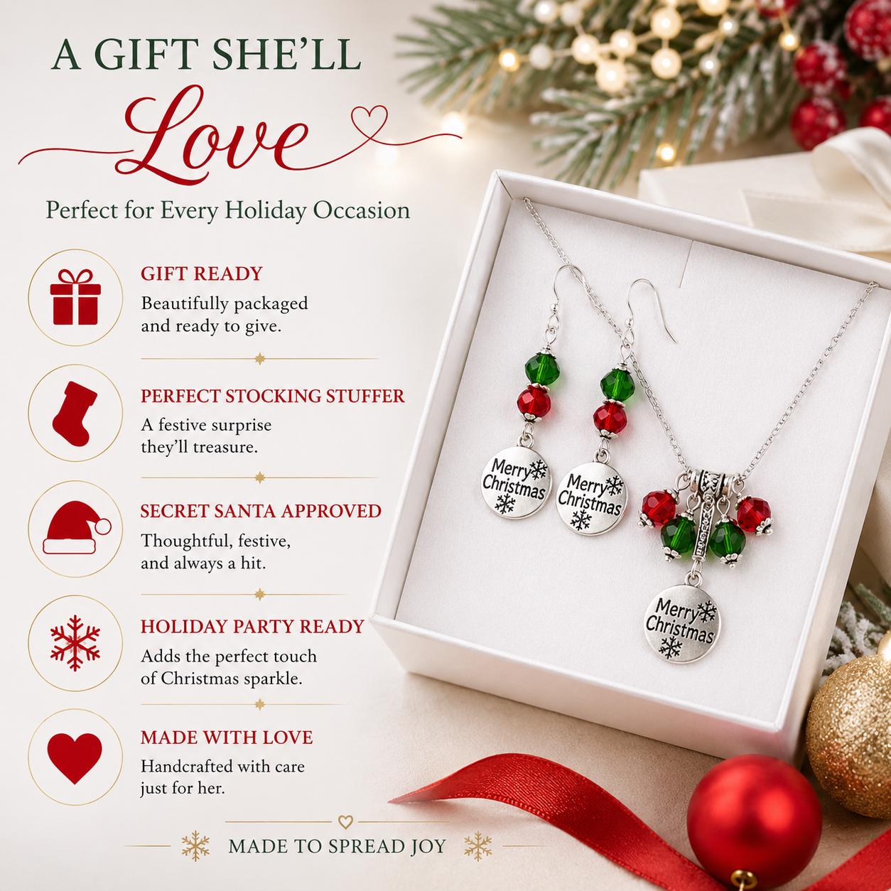 Christmas Earrings and Necklace Set | Merry Christmas Jewelry | Holiday Gift for Her | Red Green Crystal Jewelry | Stocking Stuffer