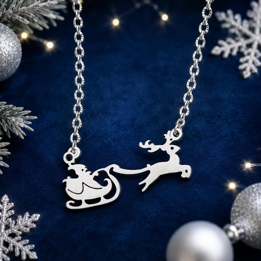 Santa Sleigh Necklace, Reindeer Christmas Necklace, Silver Holiday Jewelry, Christmas Gift for Her, Winter Necklace, Stocking Stuffer