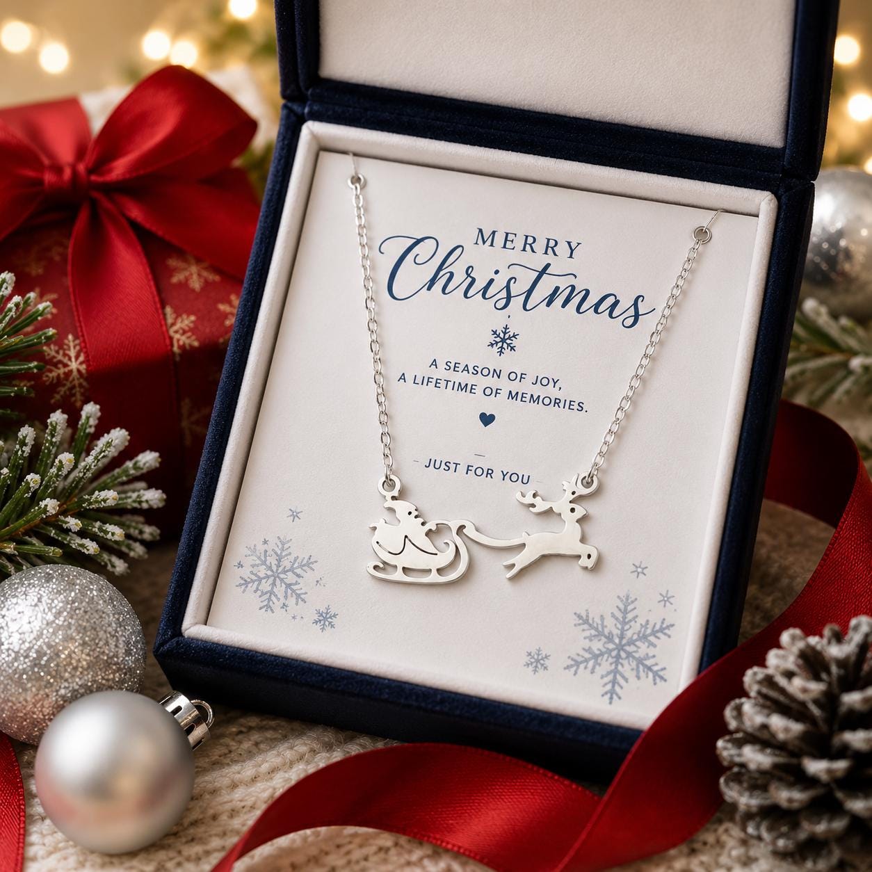 Santa Sleigh Necklace, Reindeer Christmas Necklace, Silver Holiday Jewelry, Christmas Gift for Her, Winter Necklace, Stocking Stuffer