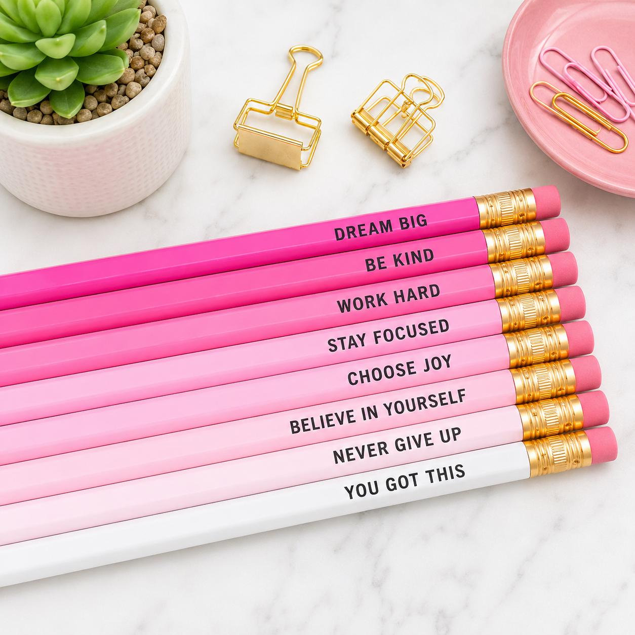 Motivational Pencil Set | Back to School Gift for Girls | Inspirational Pencils for Students | Teacher Gift | Pink School Supplies