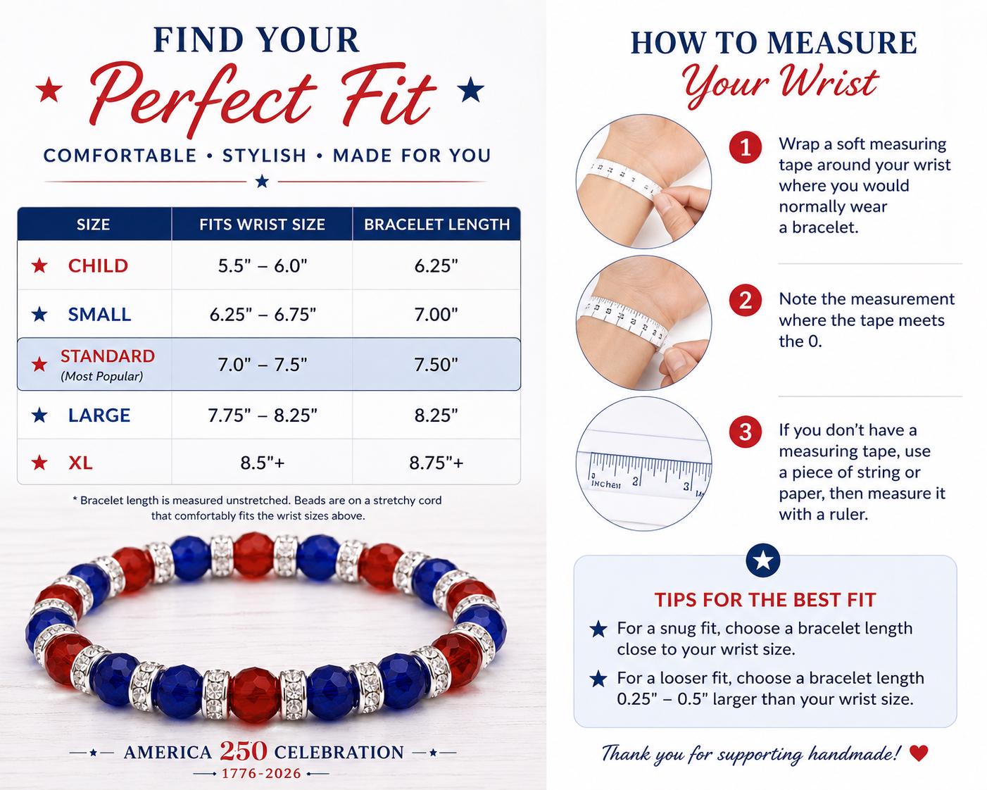 America 250 Jewelry for Women, Patriotic Bracelet, 250th Anniversary Gift, Red White Blue Jewelry, Independence Day Bracelet