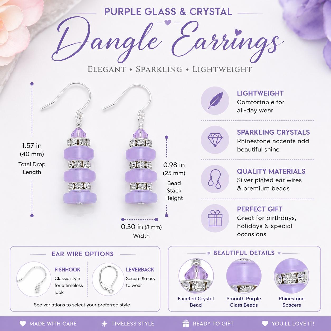 Lavender Crystal Earrings, Purple Dangle Earrings, Bridesmaid Earrings, Lavender Jewelry, Pastel Earrings, Gift for Her, Wedding Jewelry