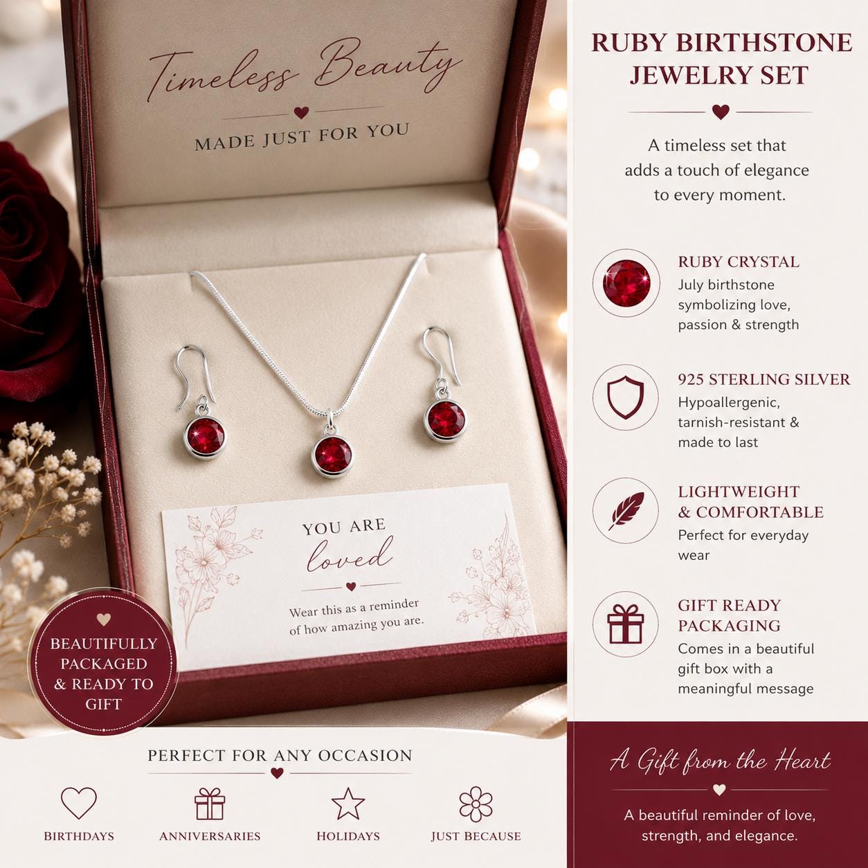 July Birthstone Jewelry Set, Ruby Crystal Necklace and Earrings Set, Dainty Silver Jewelry, Minimalist Ruby Jewelry, Birthday Gift for Her