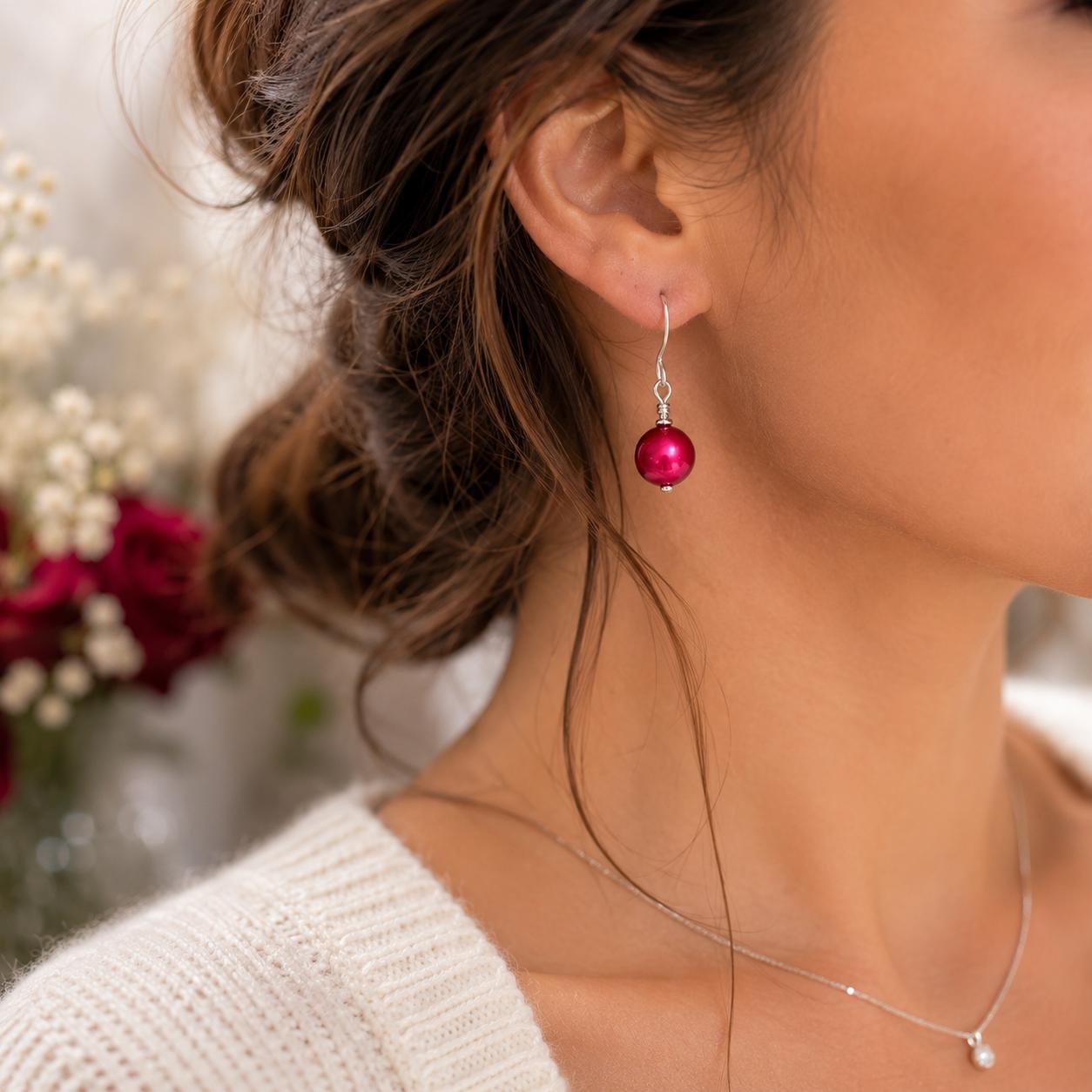 July Birthstone Jewelry Set, Ruby Red Pearl Necklace and Earrings Set, July Birthday Gift for Her, Ruby Jewelry, Minimalist Birthstone