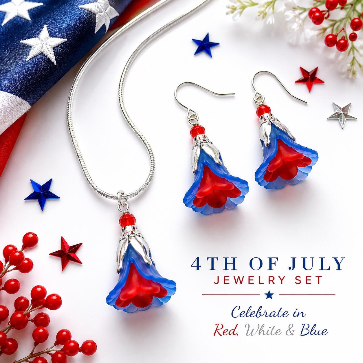 Patriotic Red White Blue Jewelry Set, 4th of July Necklace and Earrings Set, Americana Flower Jewelry, Independence Day Accessories, USA