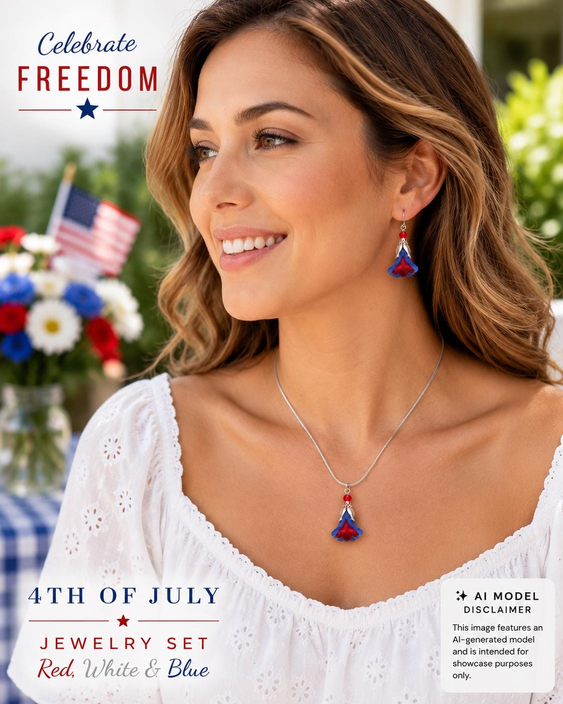 Patriotic Red White Blue Jewelry Set, 4th of July Necklace and Earrings Set, Americana Flower Jewelry, Independence Day Accessories, USA