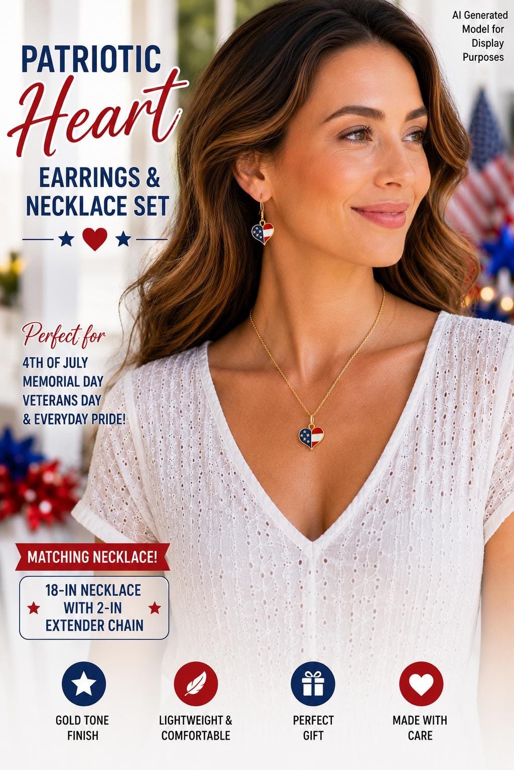 Patriotic Heart Earrings, American Flag Heart Jewelry, Red White Blue Earrings, Americana Gift for Women, USA Pride Accessories