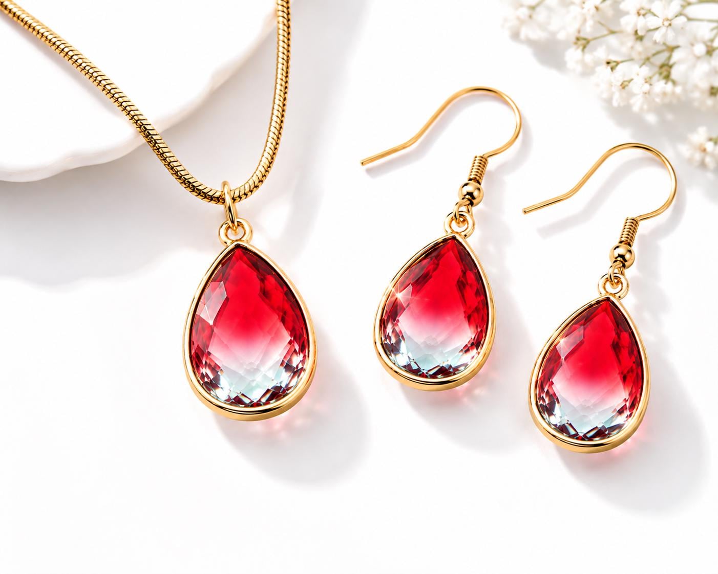 July Birthstone Jewelry Set, Ruby Red Necklace and Earrings, July Birthday Gift for Her, Red Ombre Crystal Jewelry, Ruby Birthstone Gift