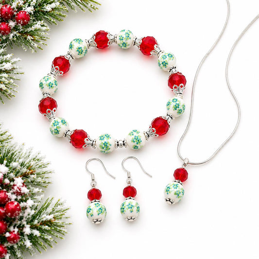 Christmas Jewelry Set, Red Crystal Necklace Earrings Bracelet Set, Holiday Gift for Her, Christmas Bracelet Set, Festive Jewelry