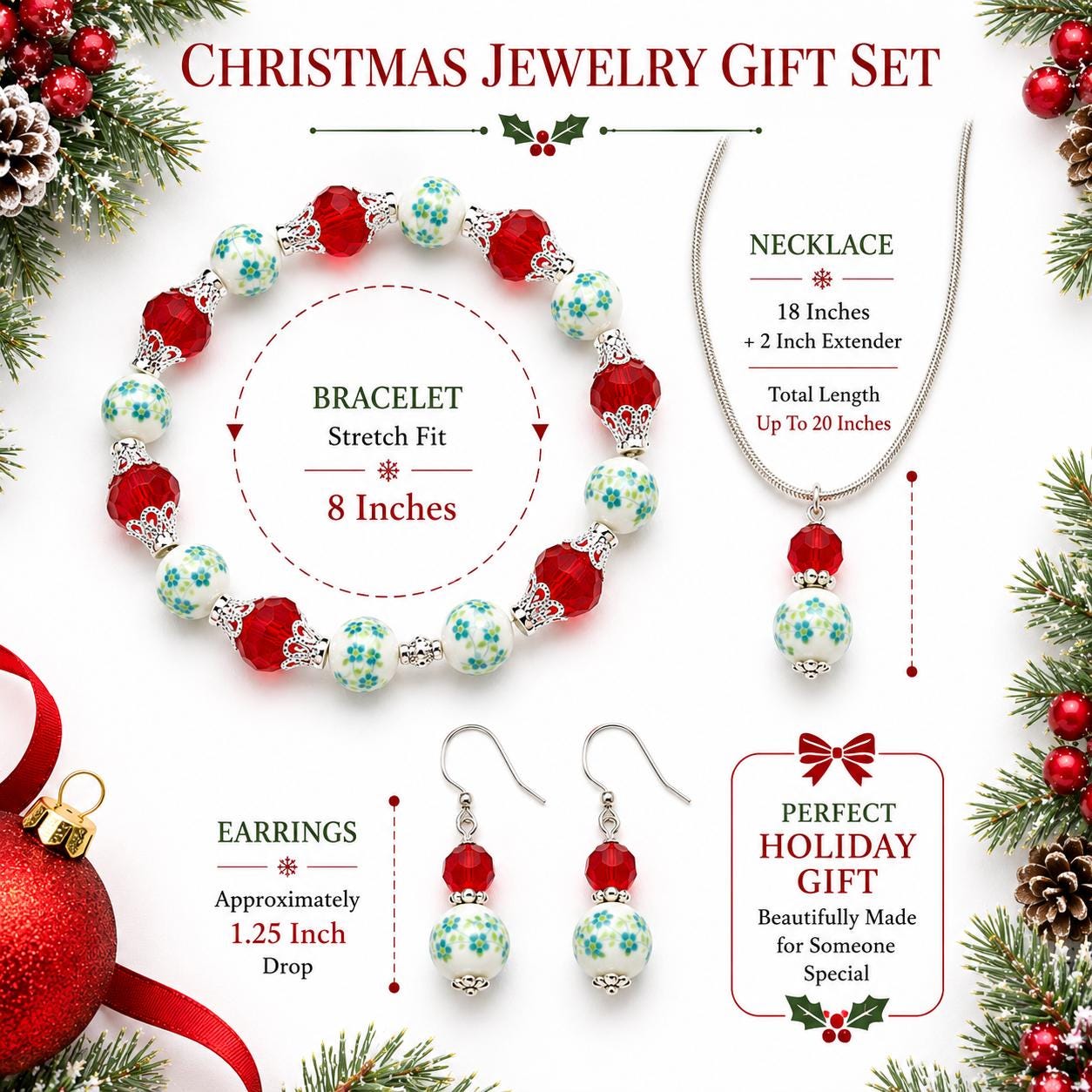 Christmas Jewelry Set, Red Crystal Necklace Earrings Bracelet Set, Holiday Gift for Her, Christmas Bracelet Set, Festive Jewelry