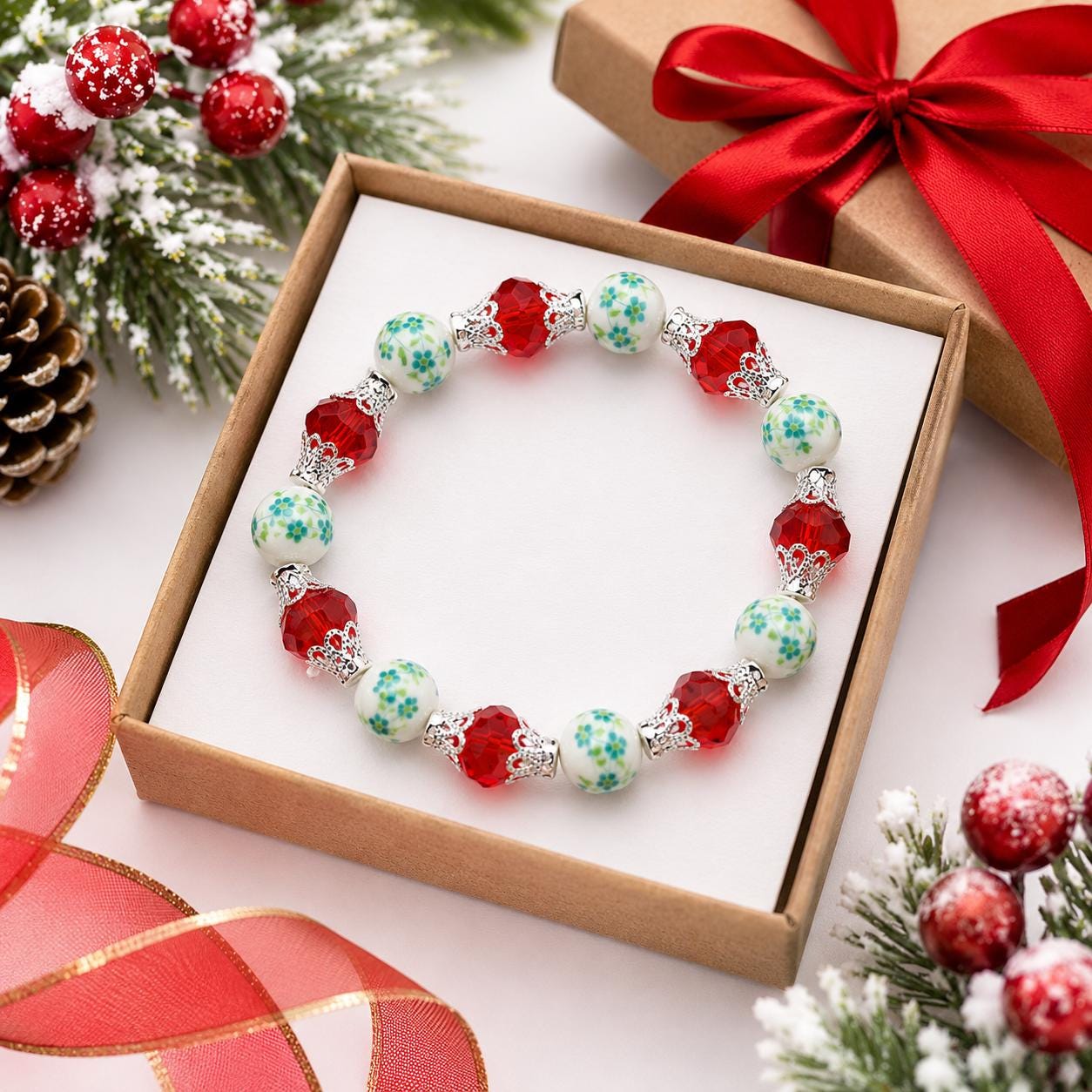 Christmas Jewelry Set, Red Crystal Necklace Earrings Bracelet Set, Holiday Gift for Her, Christmas Bracelet Set, Festive Jewelry