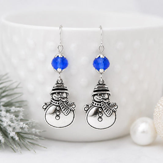 Snowman Earrings, Winter Dangle Earrings, Christmas Earrings, Blue Crystal Earrings, Holiday Jewelry, Snowman Jewelry, Stocking Stuffer Gift