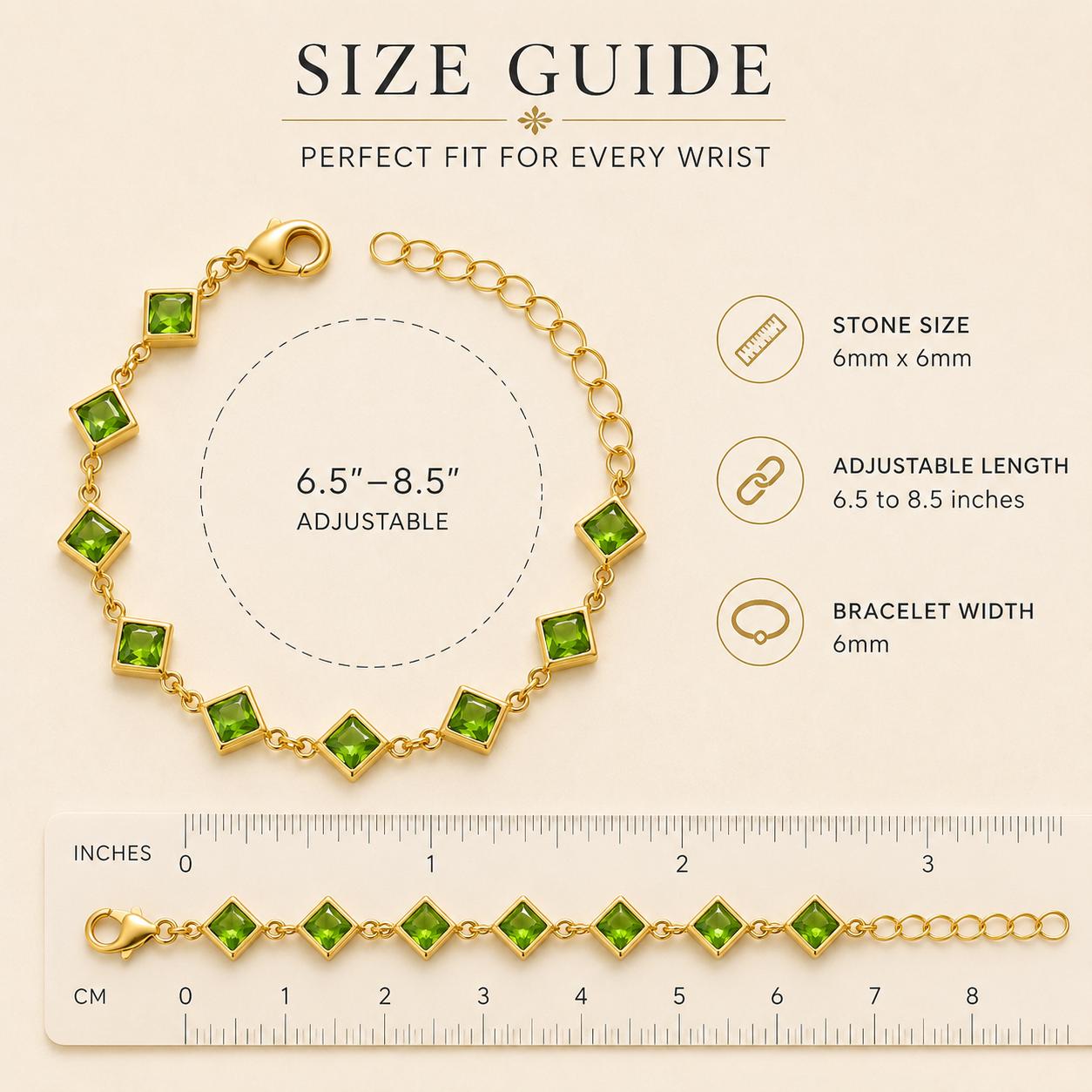 Green Crystal Gold Bracelet, August Birthstone Bracelet, Emerald Green Jewelry, Adjustable Gold Bracelet, Gift for Her, Dainty Bracelet