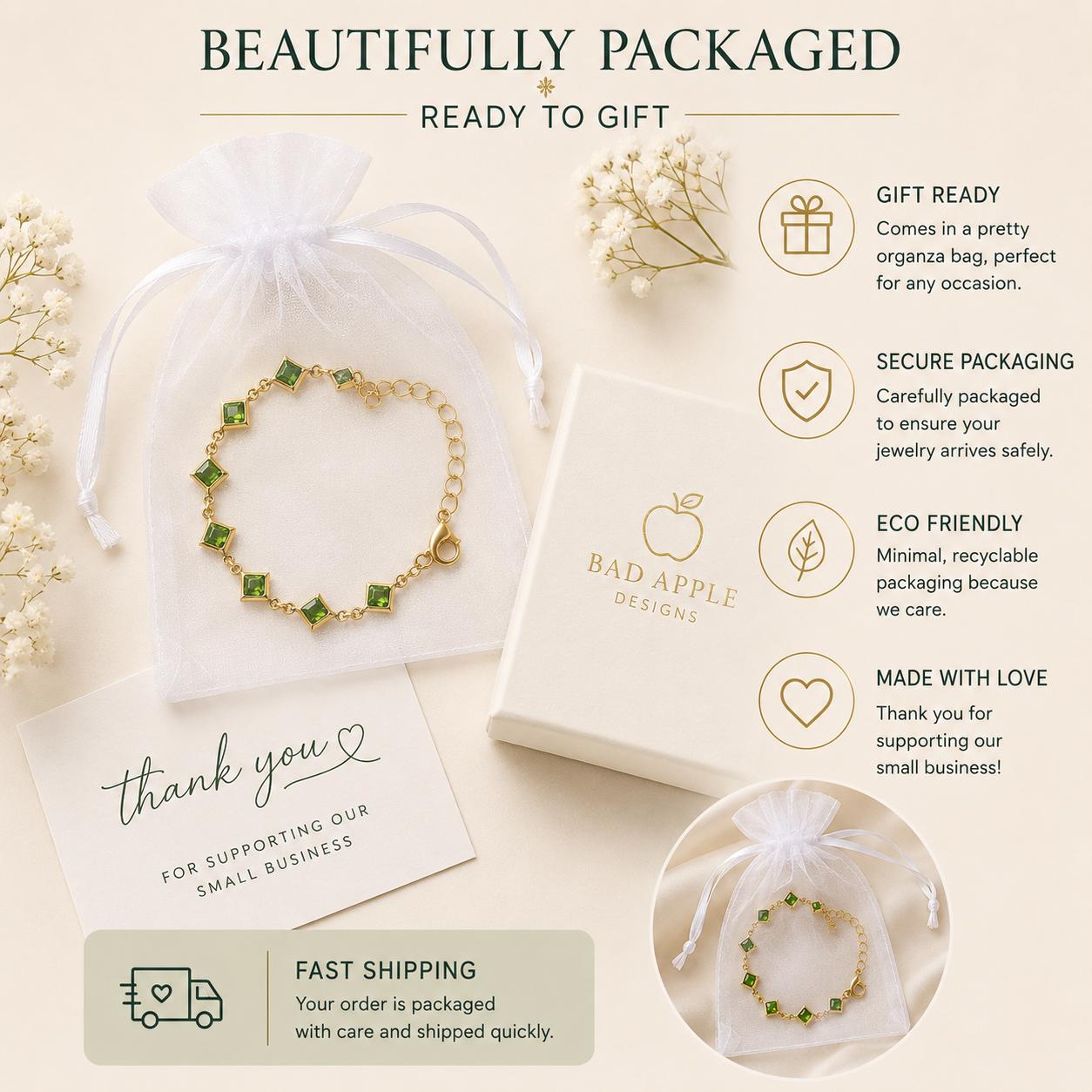 Green Crystal Gold Bracelet, August Birthstone Bracelet, Emerald Green Jewelry, Adjustable Gold Bracelet, Gift for Her, Dainty Bracelet